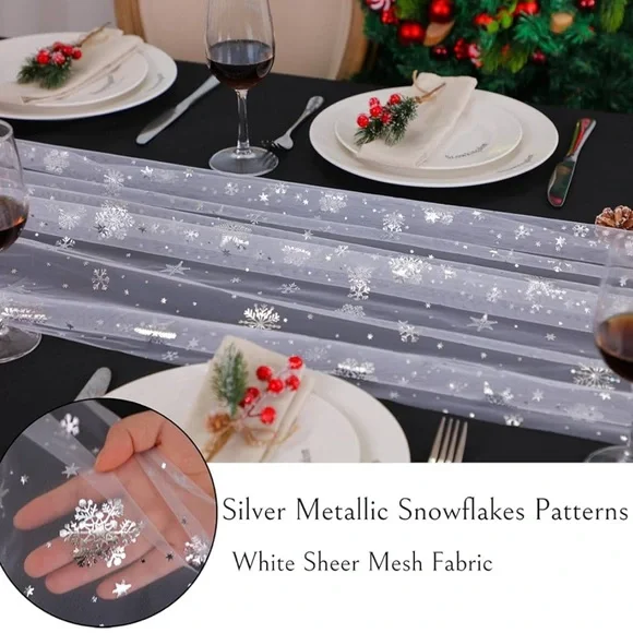 Snowflake Runner Silver 120 Inch Sheer Chiffon Gauze Runner, Winter Decoration - Picture 6 of 14